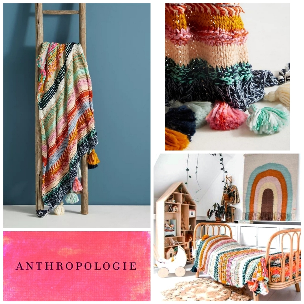 Anthropologie Boho Stitchplay knit throw chunky multicolor twin crochet blanket